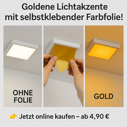 goldene diffuserfolie auf eine deckenlampe verklebt um das licht mehr zu streuen