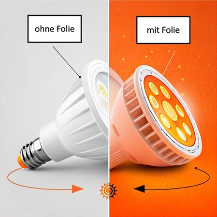 LED-Filterfolien Hamburg: Beispiel einer LED-Lampe ohne Folie und mit Folie – gleichmäßiges Licht und Farbwirkung durch professionelle Diffusorfolien von Folien Fischer