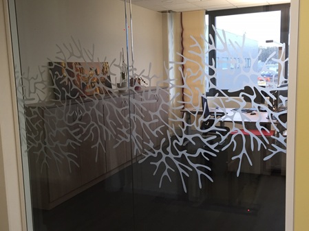 Milchglasfolie mit Korallen-Muster für Glastrennwand im Büro – dekorativer Sichtschutz von Folien Fischer Hamburg, Bergedorf, Schwarzenbek, Geesthacht, Reinbek, Lauenburg, Glinde.