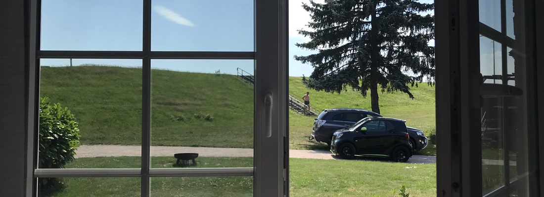 Blick durch ein Fenster nach draußen auf Grünfläche mit Bäumen und parkenden Autos – Beispiel für Wärmeschutz- und Sonnenschutzfolie von Folien Fischer Hamburg, Bergedorf, Schwarzenbek, Geesthacht, Reinbek, Lauenburg, Glinde