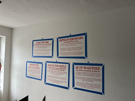 Sechs farblich gerahmte Plakate mit englischen Texten hängen an einer weissen Wand. Die Überschriften in roter Schrift lauten: „RAISE THE BAR“, „ENTREPRENEURIAL“, „OUTSPOKEN“, „MAKES YOU SMILE“ und „IN IT TOGETHER“. Jeder Titel ist mit einem erklärenden Text darunter versehen. Die Plakate sind mit blauem Klebeband befestigt und scheinen Unternehmenswerte oder Leitprinzipien darzustellen.